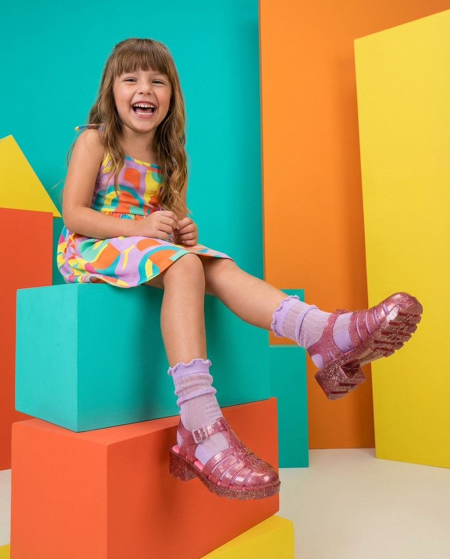 Mini Melissa Possession Heel Pembe Simli Sandalet - Renkli Çoraplı ve Eğlenceli Çocuk Kombini - Blok Topuklu ve Konforlu Kız Çocuk Ayakkabısı