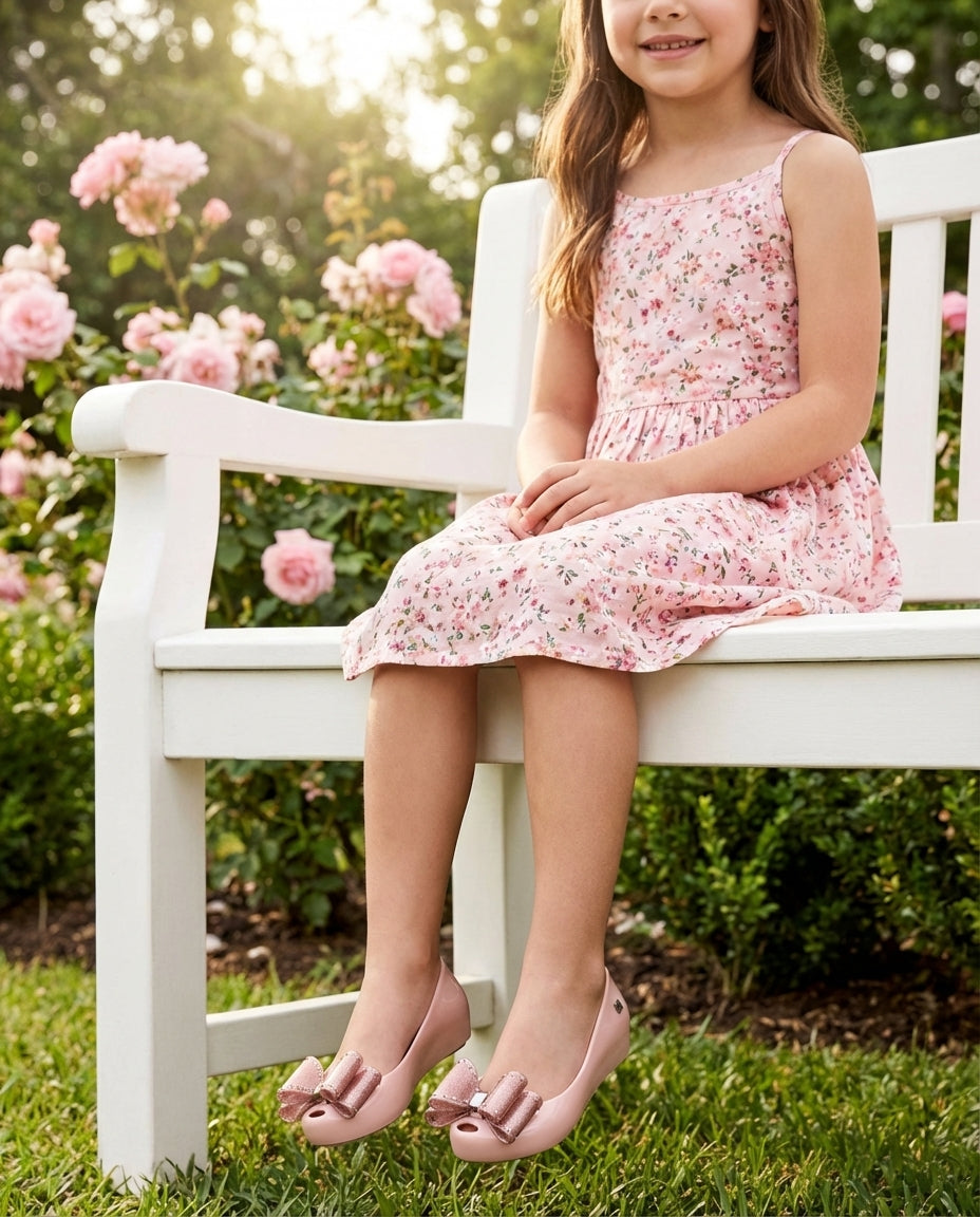 Mini Melissa Pembe Fiyonklu Babet Kombini - Makyaj Masasında Hazırlanan Şık Çocuk - Rose Gold Simli ve Zarif 6-7 Yaş Kız Çocuk Fotoğrafı