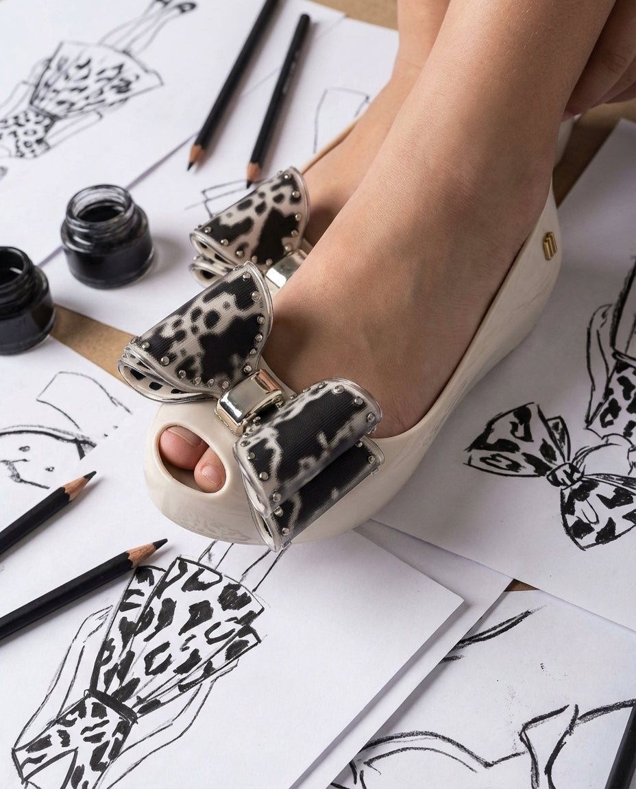 Mini Melissa Ultragirl Classic Bow Krem Babet - Moda Çizimleri Temalı Sanatsal Yakın Çekim - Siyah Beyaz Desenli Fiyonklu Kız Çocuk Ayakkabısı