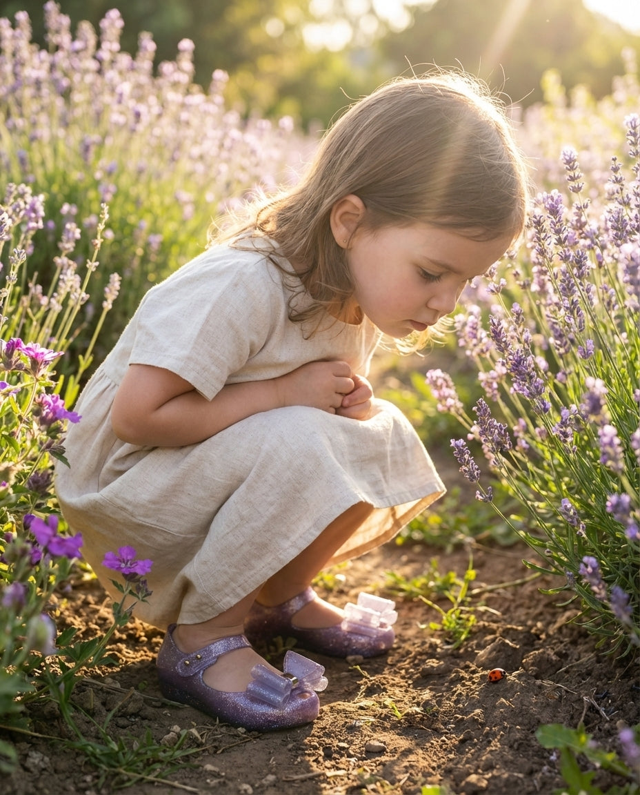 Kız çocuk lavanta tarlasında Mini Melissa Ultragirl simli lila fiyonklu babet günlük kullanım kombinleri