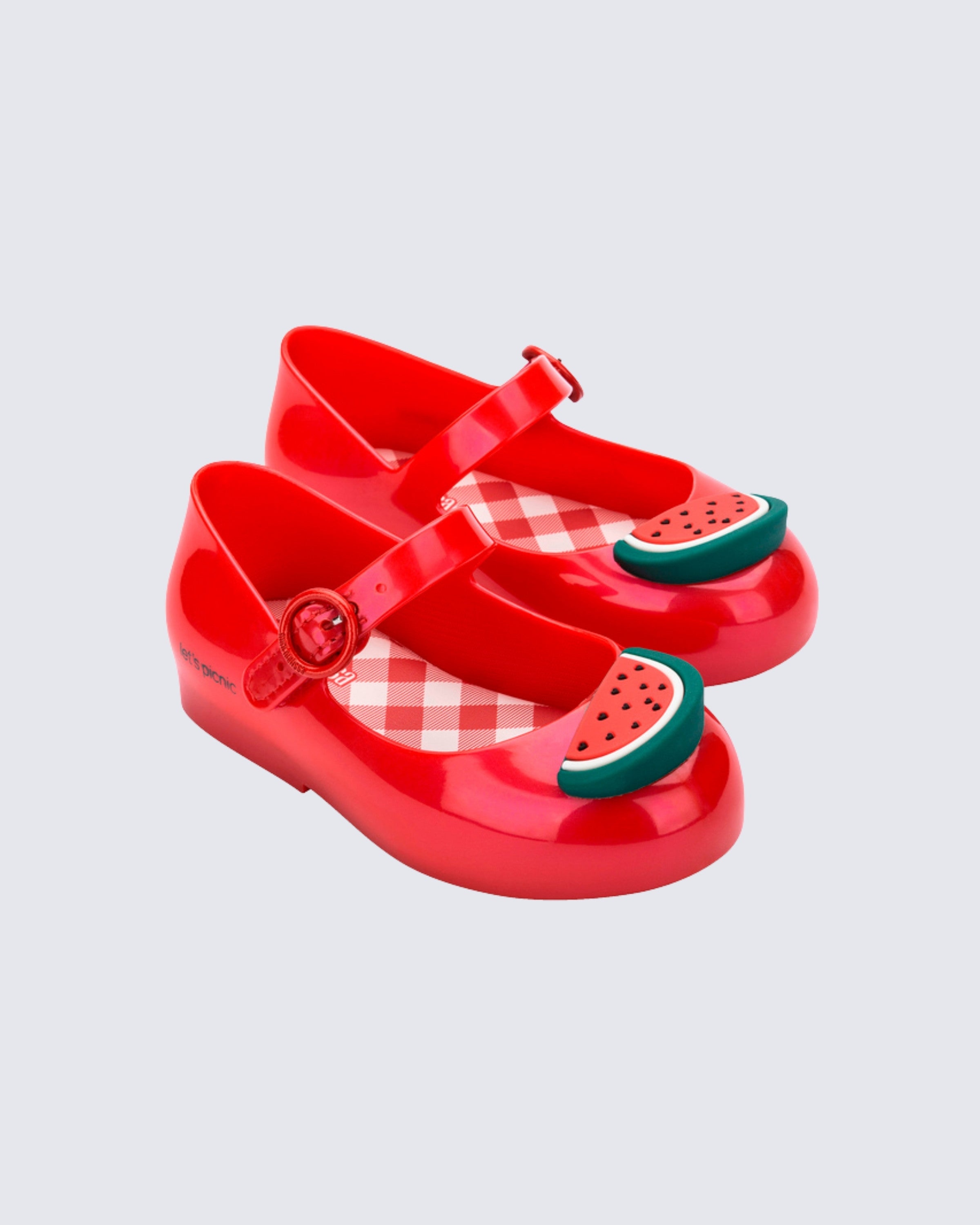 Mini Melissa Sweet Love Picnic kırmızı karpuz detaylı kız çocuk ballerina ayakkabısı ön görünüm