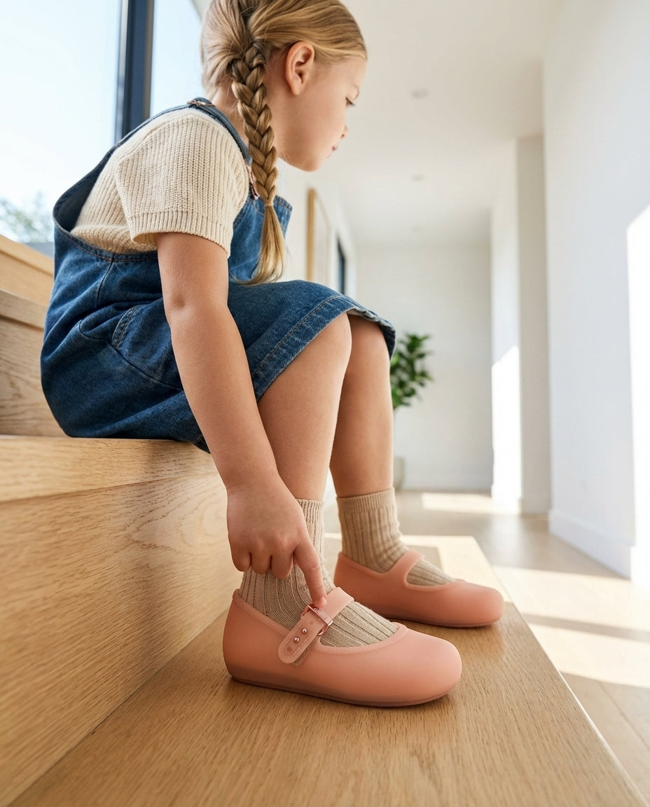 Mini Melissa Soft Ballerina Pembe Babet - Modern Ev Merdiven Konseptli 3-4 Yaş Kız Çocuk Günlük Kombin - Pratik Cırt Cırtlı ve Konforlu