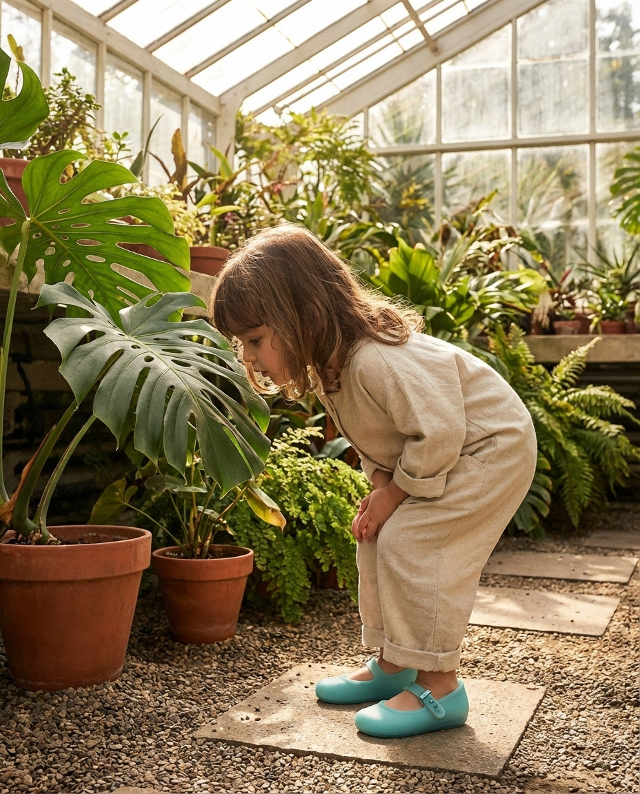 Mini Melissa Soft Ballerina Yeşil Babet Kombini - Botanik Sera Temalı 3-4 Yaş Kız Çocuk Fotoğrafı - Doğal ve Sofistike Günlük Ayakkabı