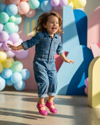 Mini Melissa Pembe Simli Babet Kombini - Modern ve Renkli Oyun Alanı Temalı 3-4 Yaş Kız Çocuk Fotoğrafı - Zıplama Pozu ve Enerjik Stil