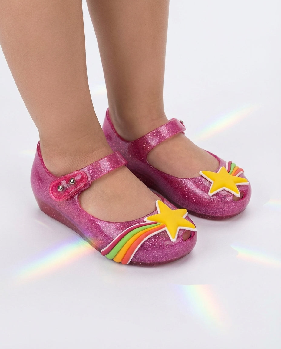 Mini Melissa Ultragirl Colors Baby Simli Pembe Babet - Gökkuşağı ve Yıldız Aplikeli Kız Çocuk Ayakkabısı - Parlak Simli Doku