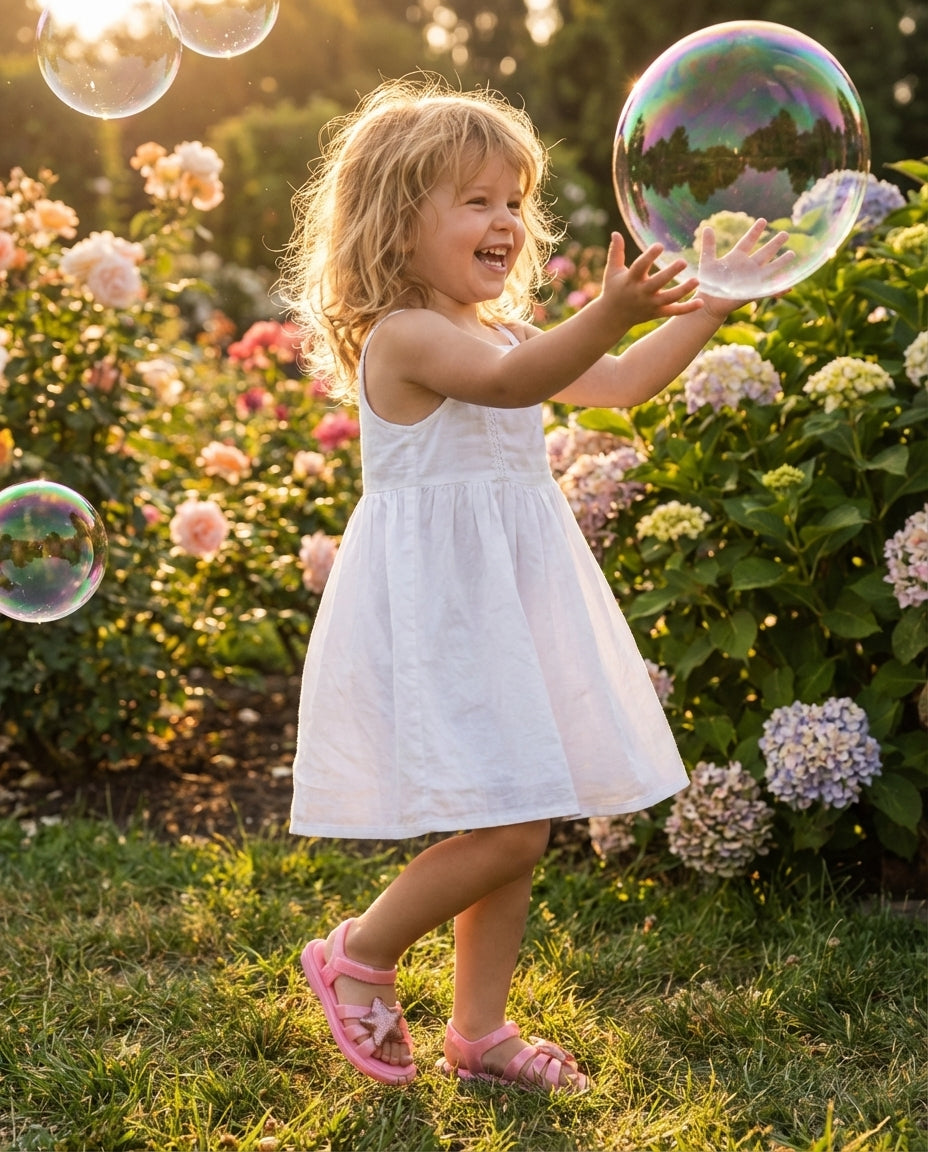 Mini Melissa Şeffaf Yıldız Sandalet Kombini - Bahçede Baloncuk Oyunu Temalı 3-4 Yaş Kız Çocuk Fotoğrafı - Simli Pembe Detaylı Yaz Modeli