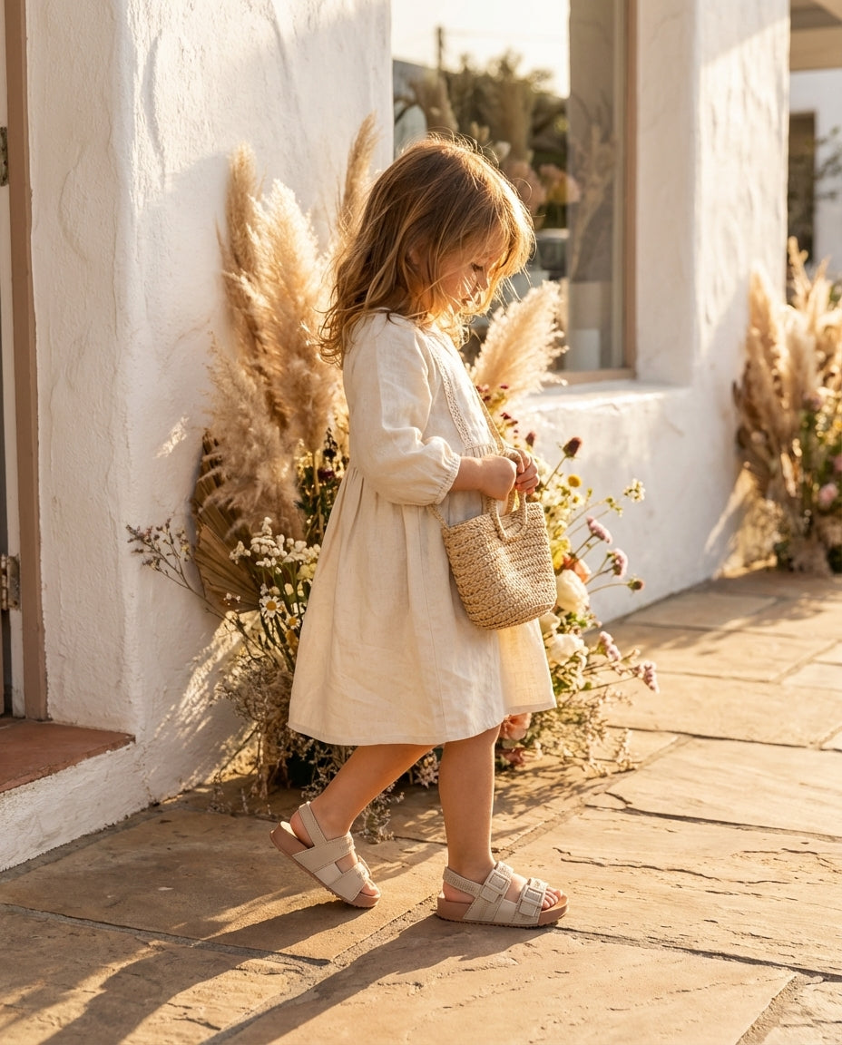 Mini Melissa Cozy M-Lover Baby Bej Sandalet - Bohem Tarz Keten Elbiseli Kız Çocuk Kombini - Ortopedik ve Şık Yazlık Model