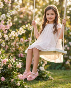 Mini Melissa Pembe Çiçekli Babet Kombini - Bahçede Salıncakta Oturan Mutlu Çocuk - Romantik ve Yazlık 6-7 Yaş Kız Çocuk Fotoğrafı