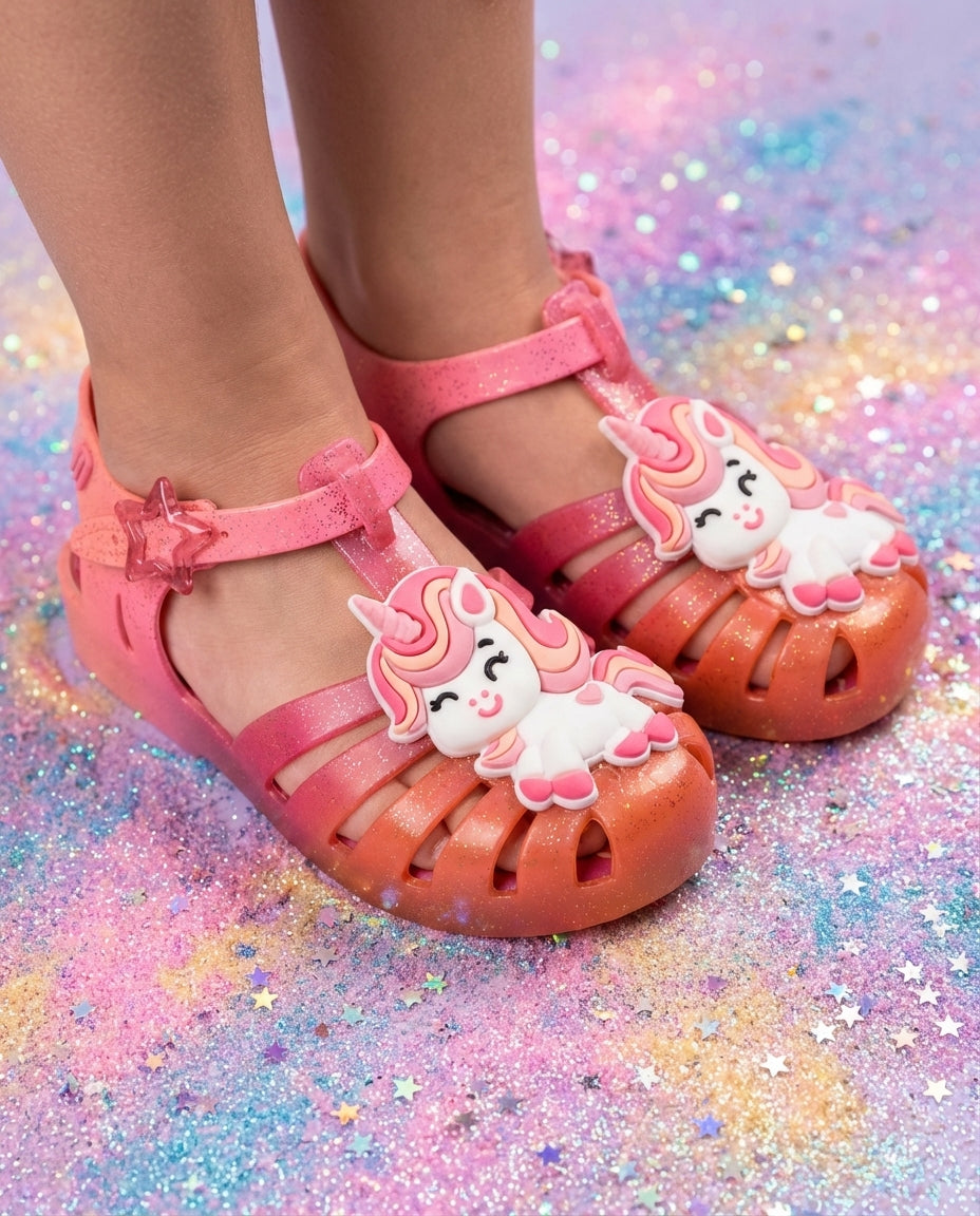 Mini Melissa Possession Uni Baby Kırmızı Simli Sandalet - Unicorn ve Yıldız Detaylı Kız Çocuk Ayakkabısı - Sihirli ve Işıltılı Yakın Çekim