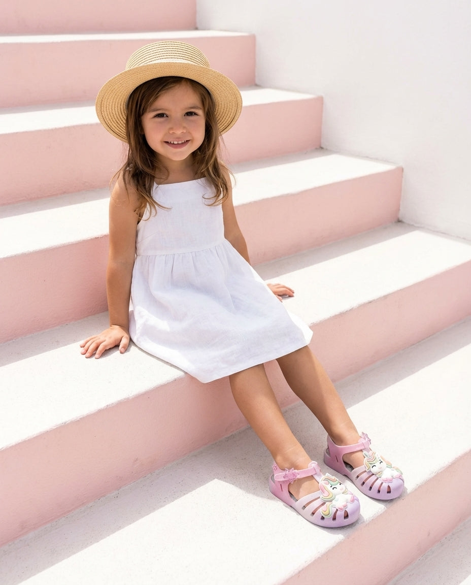 Mini Melissa Possession Unicorn Sandalet - Pembe Mor Geçişli Renk - Merdivenlerde Oturan Şık Çocuk Kombini - Üstten Görünüm Unicorn Detaylı