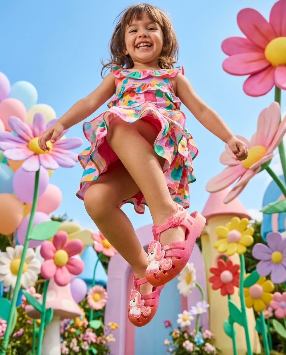 Mini Melissa Kırmızı Simli Unicorn Sandalet Kombini - Eğlenceli Bahçede Zıplayan 3-4 Yaş Kız Çocuk Fotoğrafı - Hareketli ve Aydınlık Tam Boy Görünüm