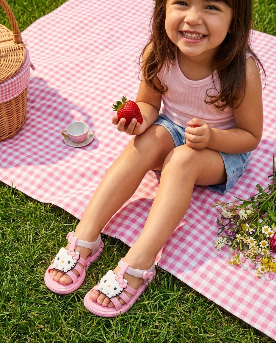 Mini Melissa Hello Kitty Sandalet Kombini - Pötikare Örtüde Piknik Yapan Mutlu Çocuk - Yazlık ve Konforlu 3-4 Yaş Kız Çocuk Fotoğrafı