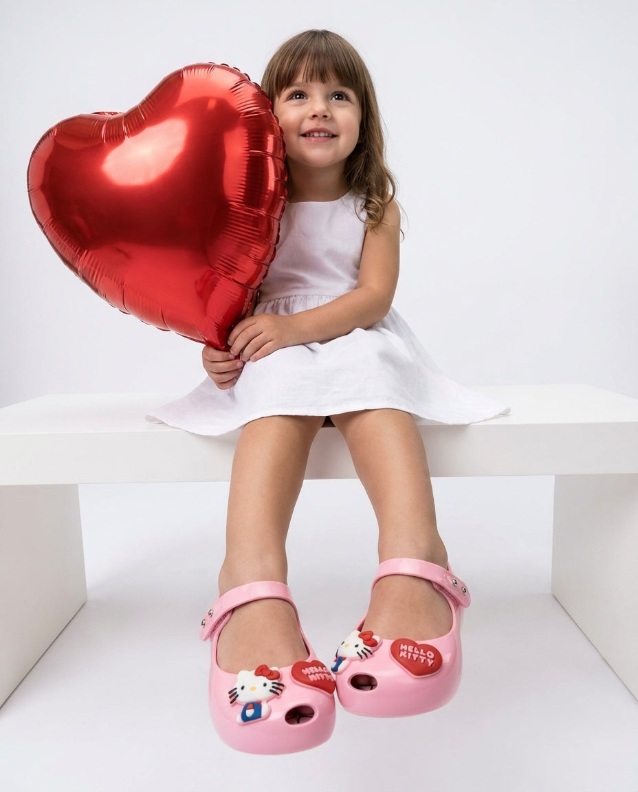 Mini Melissa Pembe Hello Kitty Ayakkabı Kombini - Kırmızı Kalp Balonlu Mutlu Çocuk - Ultragirl Modeli ve Sevimli Tasarım