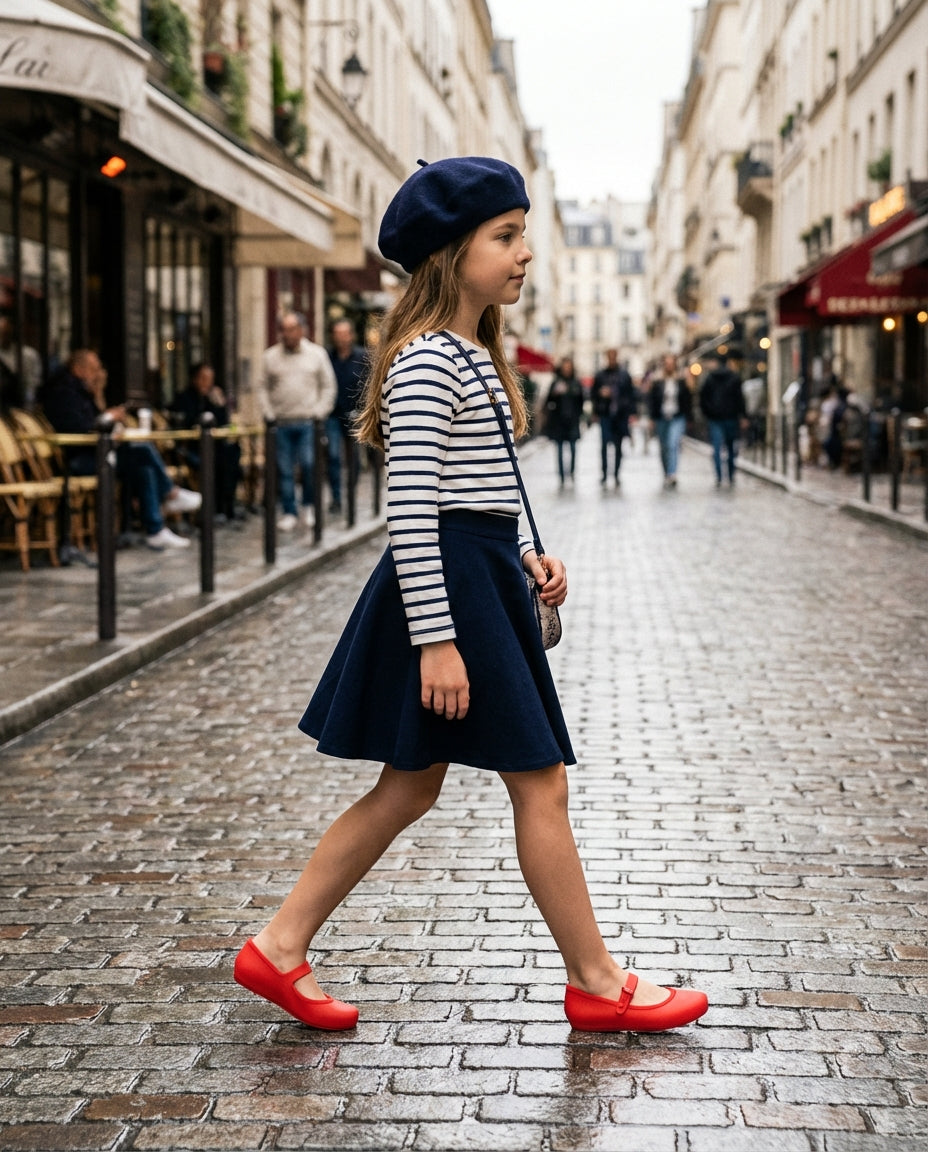 Çizgili tişört ve lacivert etek kombiniyle şehirde yürüyen 9 yaşındaki kızın ayağında iddialı Mini Melissa kırmızı babet