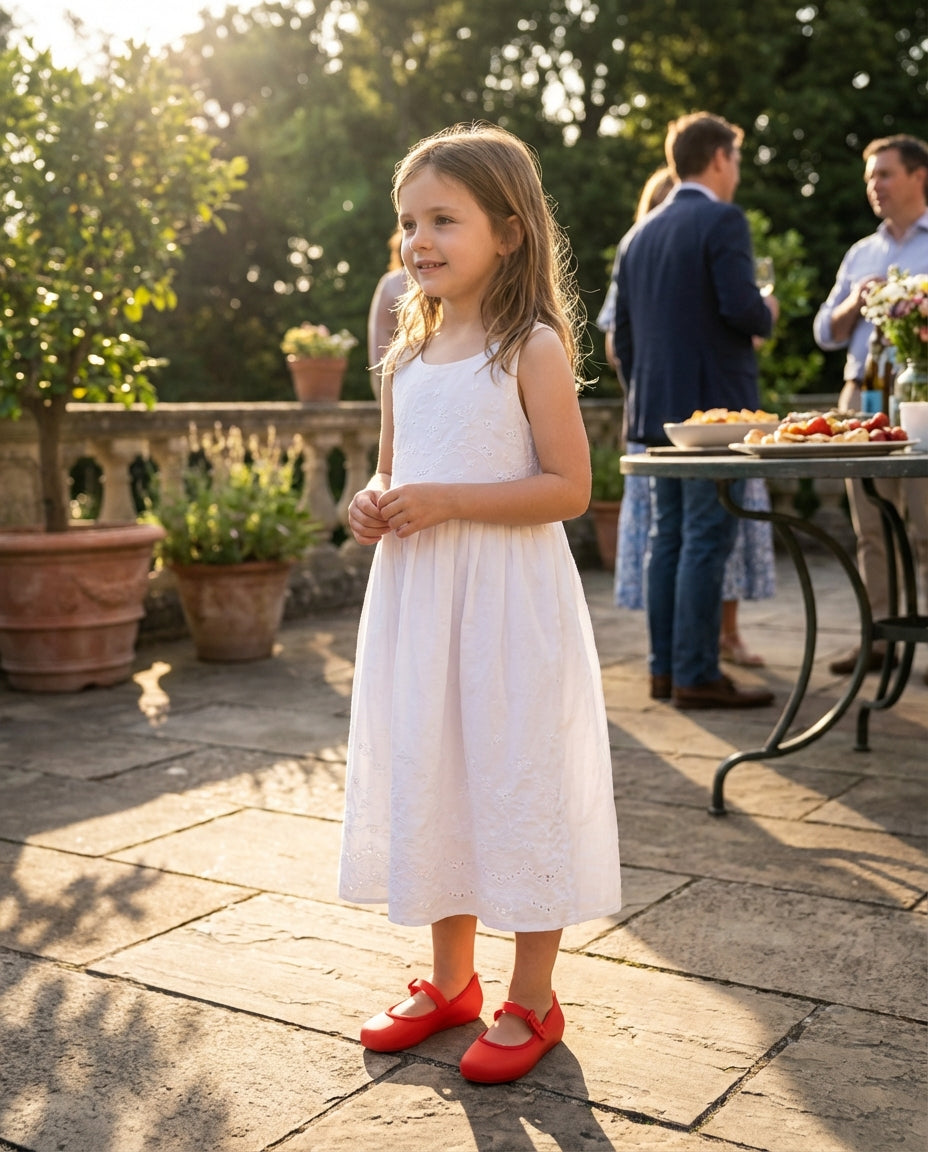 Beyaz elbiseyle terasta duran 7 yaşındaki kızın ayağında şık ve dikkat çekici Mini Melissa kırmızı babet