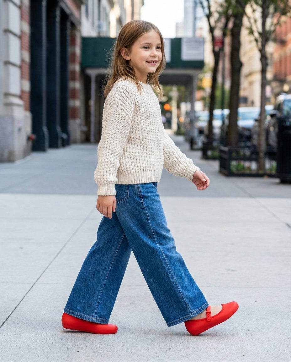 Geniş paça kot pantolonla adım atan 8 yaşındaki kızın paçasından görünen şık Mini Melissa kırmızı günlük babet