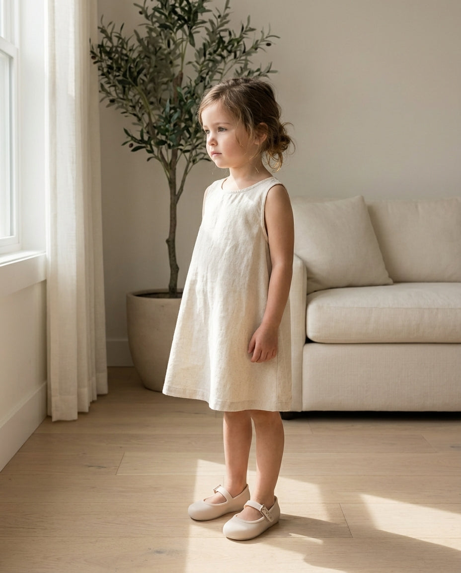 Açık renk kot pantolon ve krem triko kombiniyle yürüyen 3 yaşındaki kızın ayağında zarif Mini Melissa bej ayakkabı