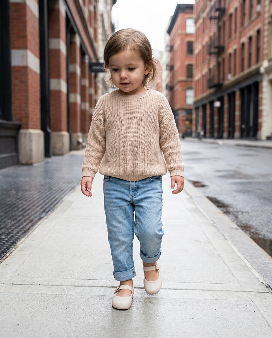 Bej fitilli taytla adım atan 2 yaşındaki miniğin ayağını güvenle saran pratik ve minimalist Mini Melissa bej babet yakın plan