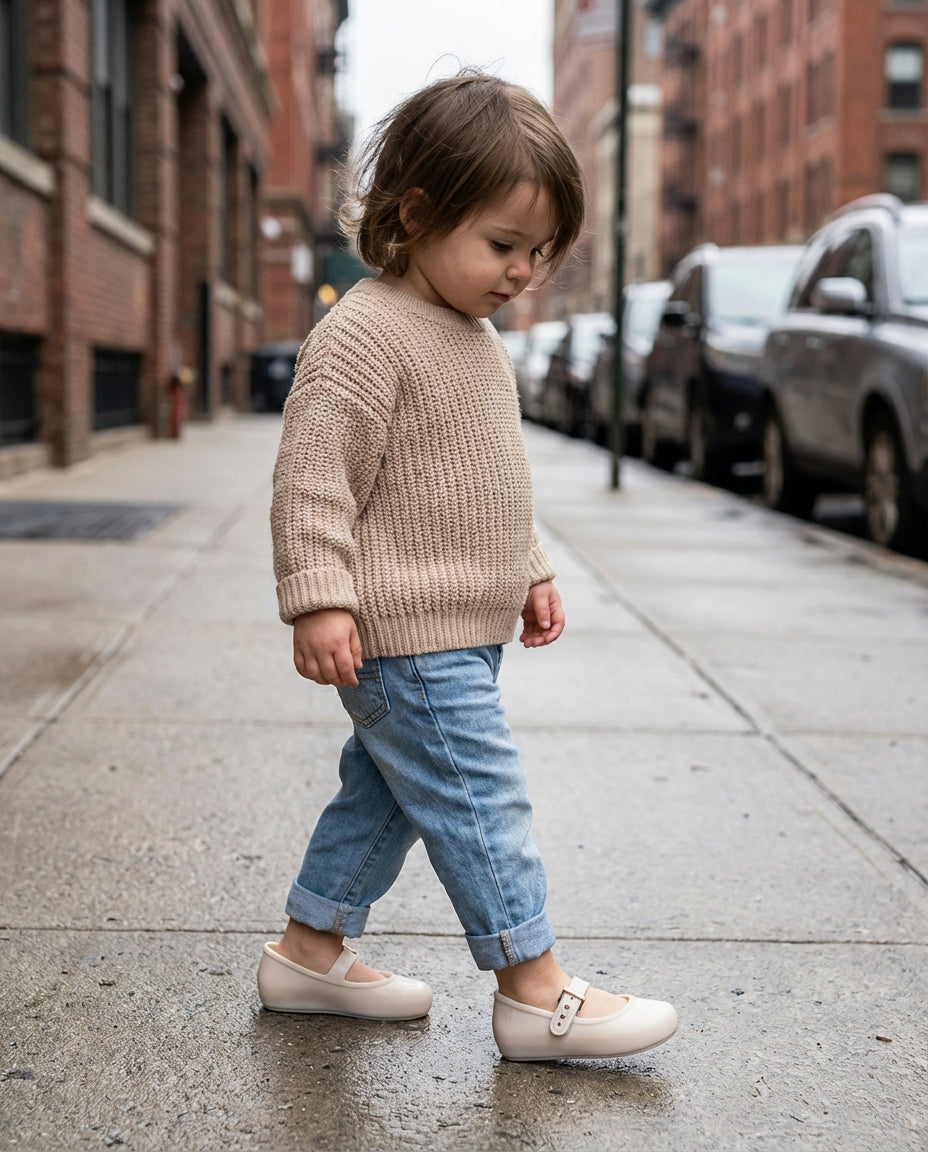 Açık renk kot pantolon ve krem triko kombiniyle yürüyen 3 yaşındaki kızın ayağında zarif Mini Melissa bej ayakkabı