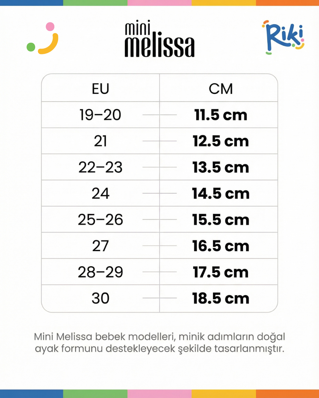 Mini Melissa Hip Heart Ballerina pembe sandalet beden tablosu, 19-30 EU ve 11.5-18.5 cm numara rehberi Riki