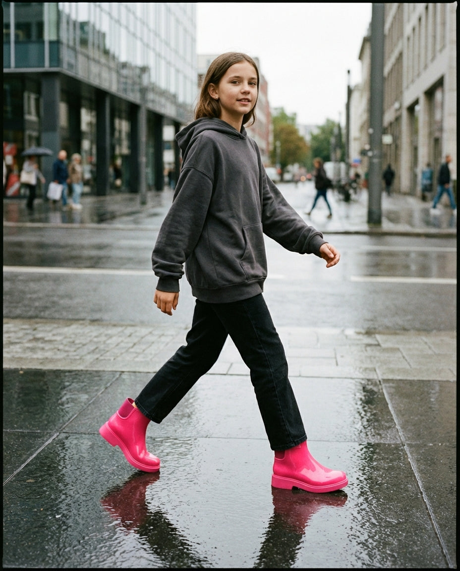 Oversize gri kapüşonlu ve siyah kot kombiniyle şehirde yürüyen 11 yaşındaki kızın ayağında dikkat çeken parlak pembe Mini Melissa Chelsea bot