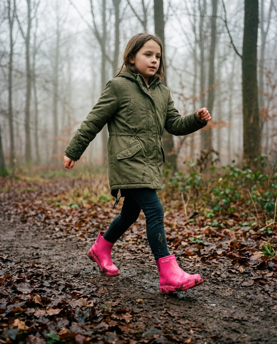 Orman yolunda haki yeşil montla yürüyen maceracı kız çocuğunun ayağında doğaya kontrast katan Mini Melissa pembe bot