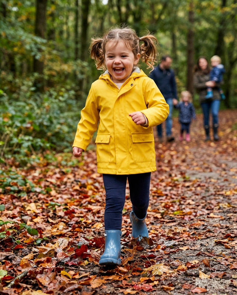 Sarı yağmurlukla sonbahar yaprakları üzerinde yürüyen 3 yaşındaki kız çocuğunun ayağında zarif Mini Melissa mavi bot