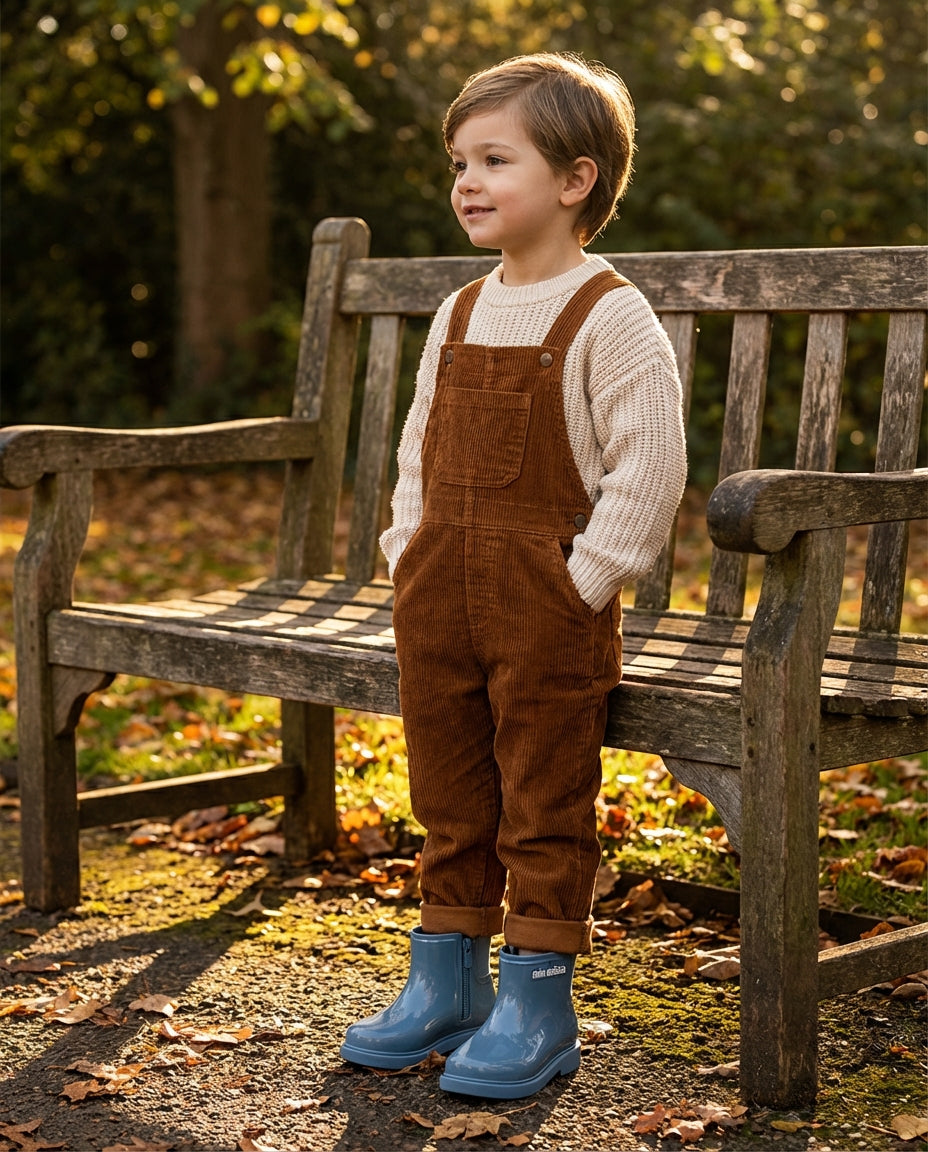 Kahverengi kadife salopetle parkta duran 5 yaşındaki çocuğun ayağına tam oturan rahat Mini Melissa mavi Chelsea bot