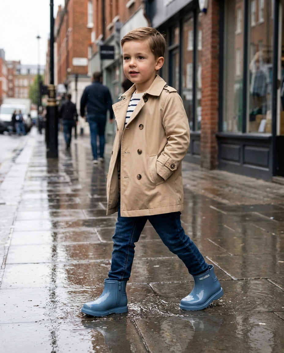 Bej trençkot ve kot pantolonla şehirde yürüyen 4 yaşındaki erkek çocuğunun ayağında orantılı Mini Melissa mavi bot