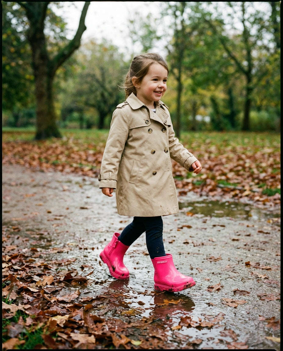 Parkta bej trençkotla yürüyen 4 yaşındaki kız çocuğunun ayağında doğal orantılı fermuarlı Mini Melissa pembe Chelsea bot