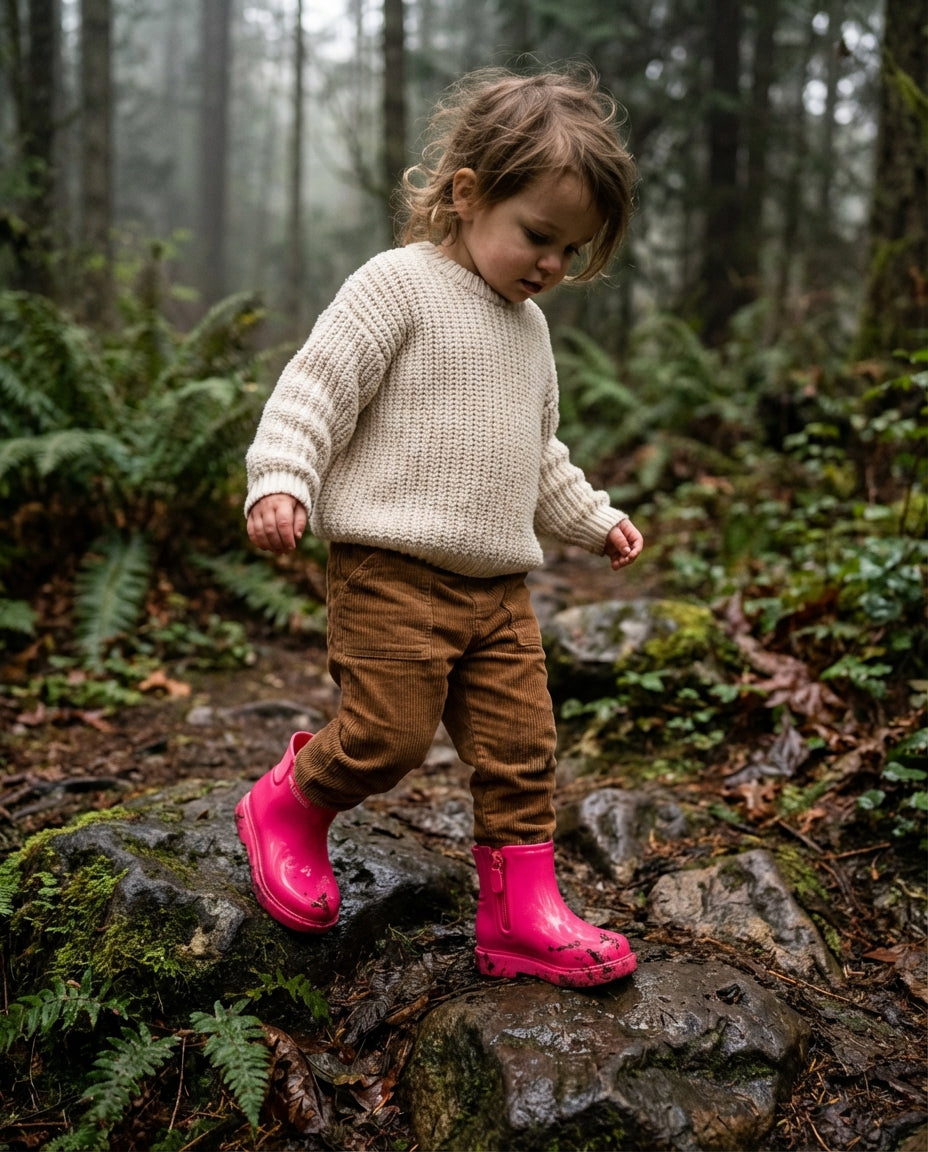 Ormanda yürüyen meraklı 3 yaşındaki kız çocuğunun ayağında minik ayak yapısına uygun Mini Melissa Chelsea pembe bebek botu