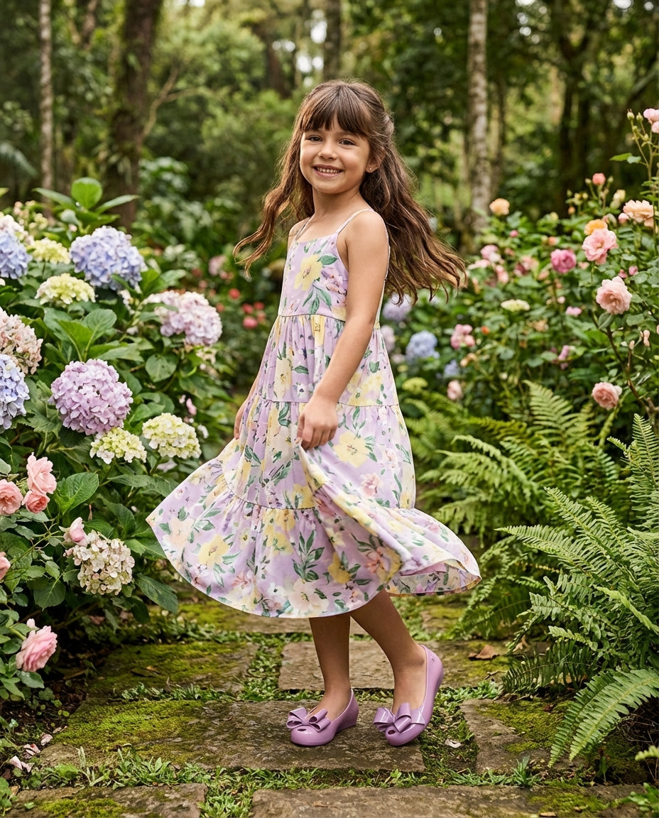 Çiçekli bahar elbisesiyle bahçede duran 7 yaşındaki kız çocuğunun ayağında zarif Mini Melissa slip-on lila babet