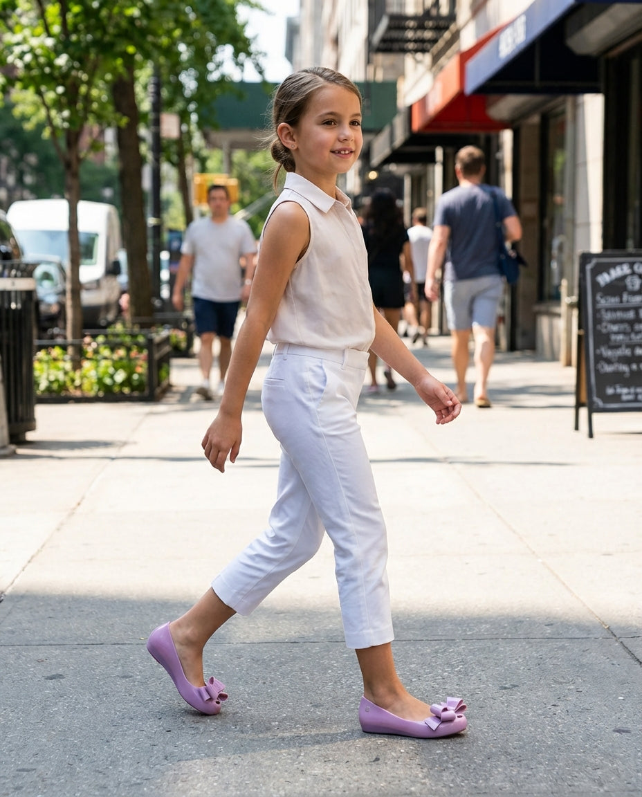 Beyaz kapri pantolon ve bluz kombiniyle şehirde yürüyen 8 yaşındaki kızın ayağında şık Mini Melissa lila ayakkabı