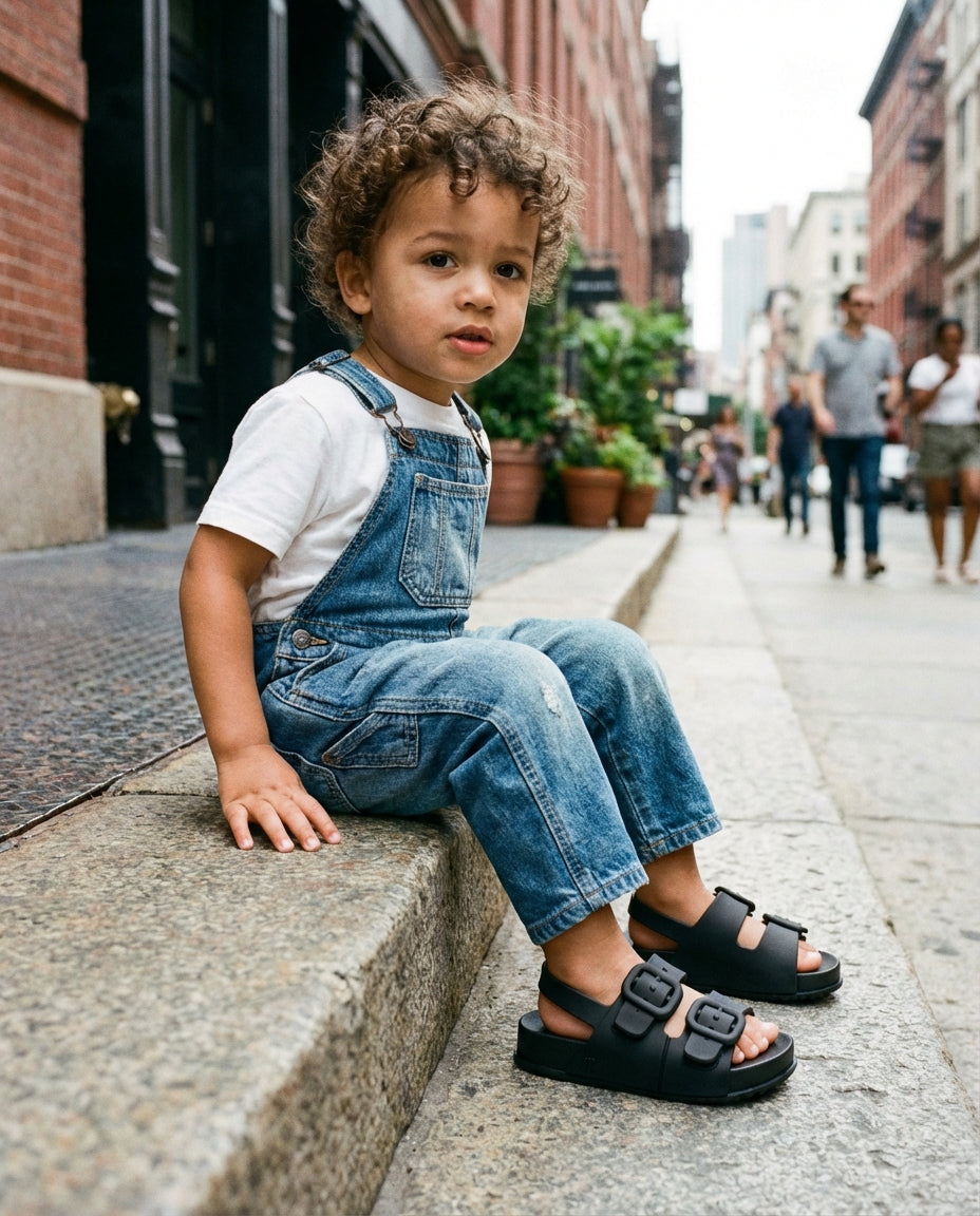 Kot salopet ile sokakta oturan erkek çocuğun ayağında havalı siyah Mini Melissa Cozy unisex sandalet