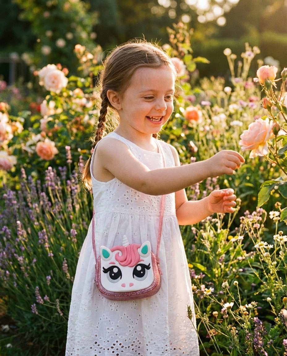 Güneşli bahçede beyaz elbiseyle duran kız çocuğunun omzunda parlayan simli pembe Mini Melissa unicorn çanta