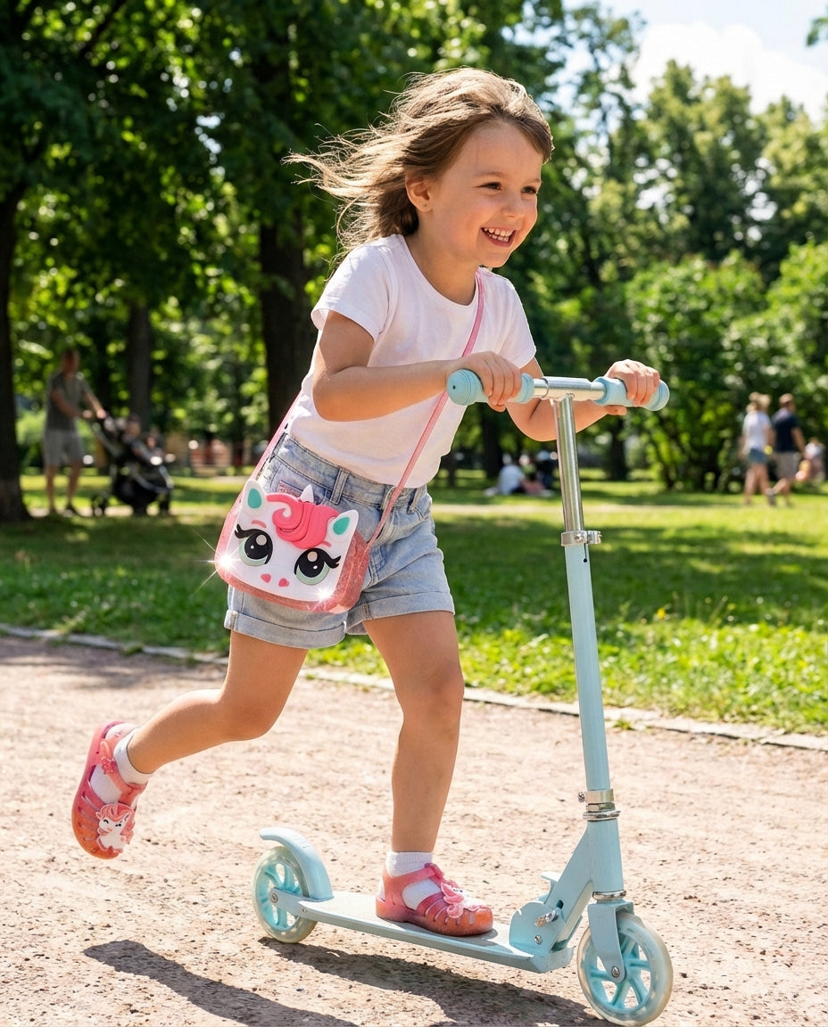 Parkta scooter süren kız çocuğunun rahatça taşıdığı hafif ve simli pembe Mini Melissa unicorn omuz çantası