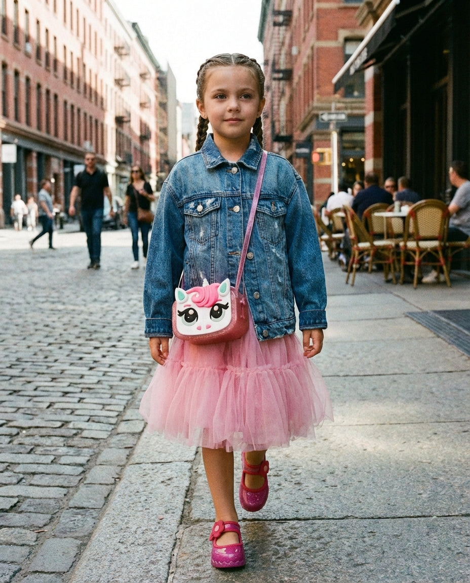 Kot ceket ve tül etek kombiniyle şehirde yürüyen kız çocuğunun taktığı dikkat çekici simli pembe Mini Melissa çanta
