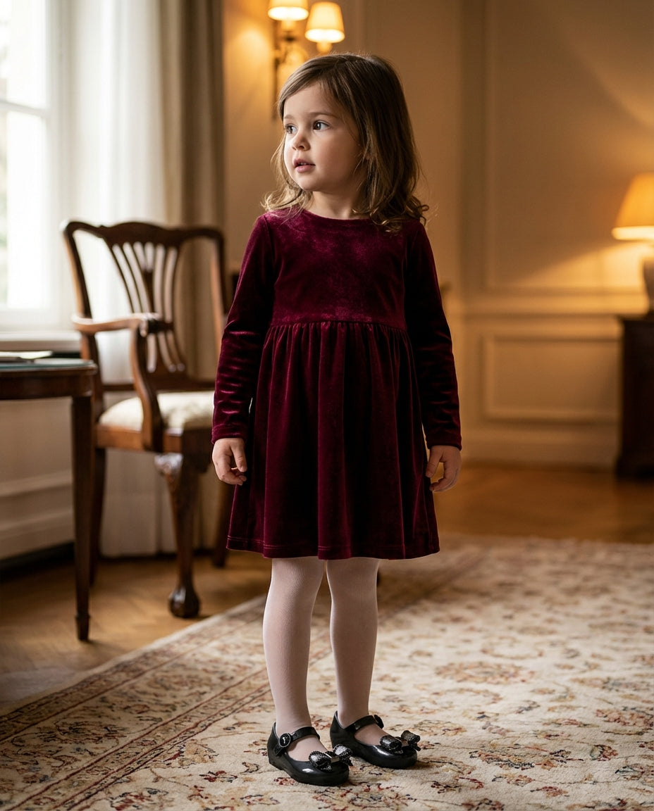 Bordo kadife elbiseyle davette duran 4 yaşındaki kız çocuğunun ayağında şık Mini Melissa siyah dokulu fiyonklu ayakkabı