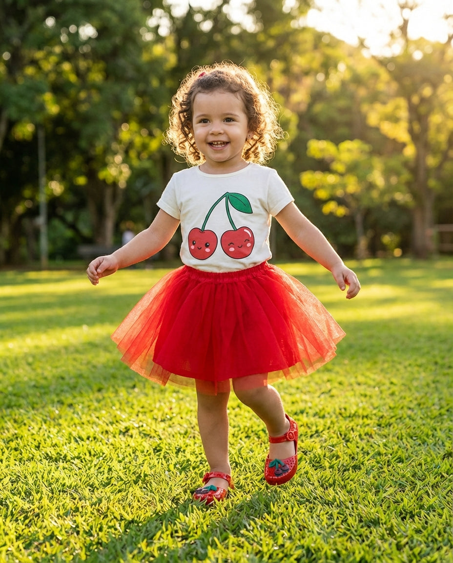 Kiraz baskılı tişört ve kırmızı tütü etek kombiniyle parkta dönen 3 yaşındaki kızın ayağında sevimli Mini Melissa kirazlı babet