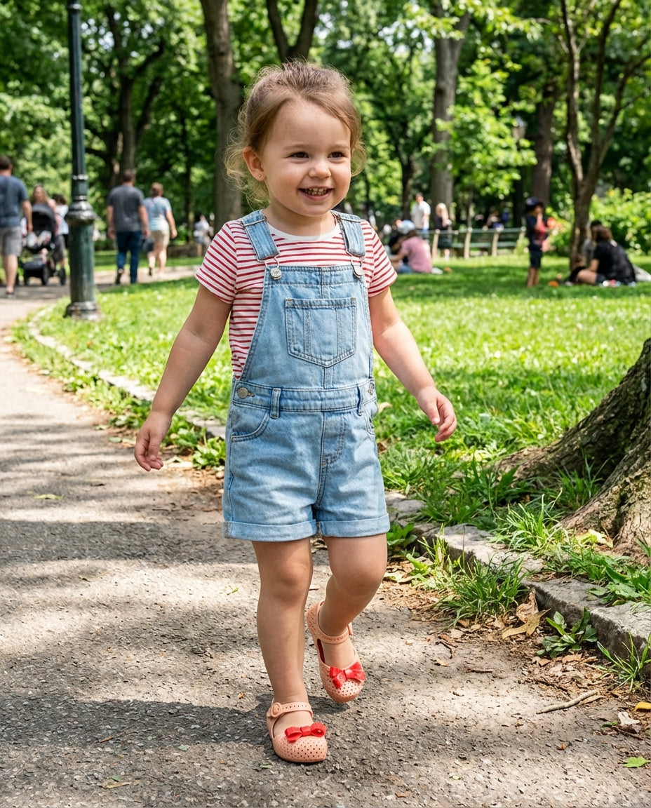 Kot salopet ve çizgili tişört kombiniyle parkta yürüyen 3 yaşındaki kızın ayağında rahat Mini Melissa nefes alan bej ayakkabı