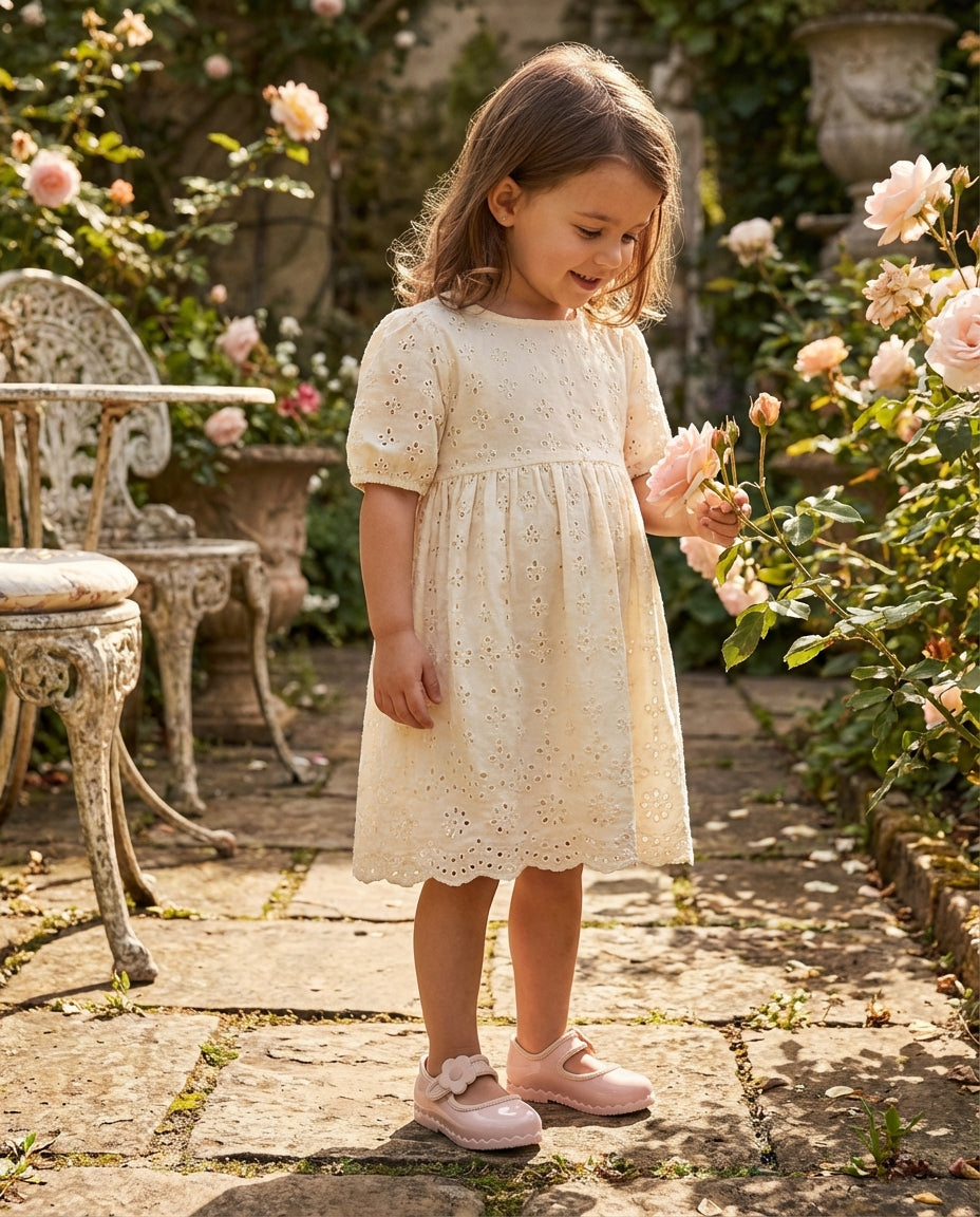 Krem dantel elbiseyle duran 4 yaşındaki kız çocuğunun ayağında vintage tarzı çiçekli Mini Melissa pembe ayakkabı