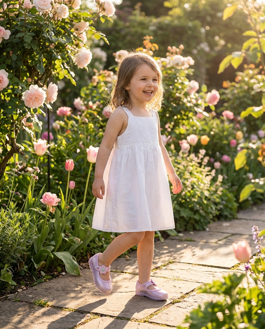 Beyaz yazlık elbiseyle bahar bahçesinde yürüyen 4 yaşındaki kız çocuğunun ayağında orantılı Mini Melissa lila çiçekli babet