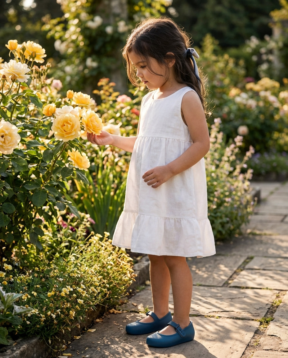 Beyaz keten elbiseyle bahçede duran 4 yaşındaki kız çocuğunun ayağında zarif Mini Melissa koyu mavi babet