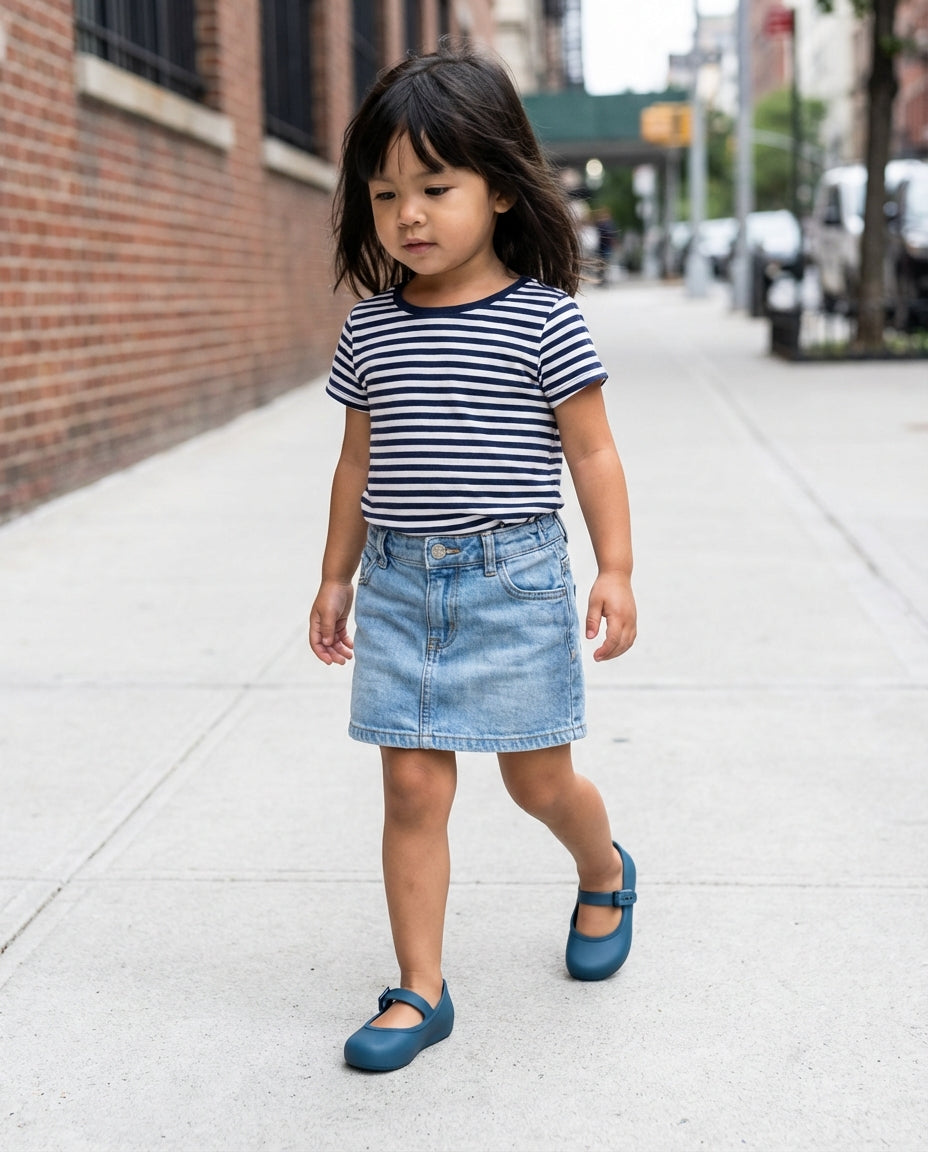 Kot etek ve çizgili tişört kombiniyle yürüyen 3 yaşındaki kızın ayağında minimalist Mini Melissa mavi ayakkabı