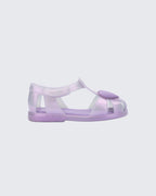 Mini Melissa Hip Heart Ballerina lila bebek sandalet yan görünüm, açık parmak ve topuk yazlık tasarım