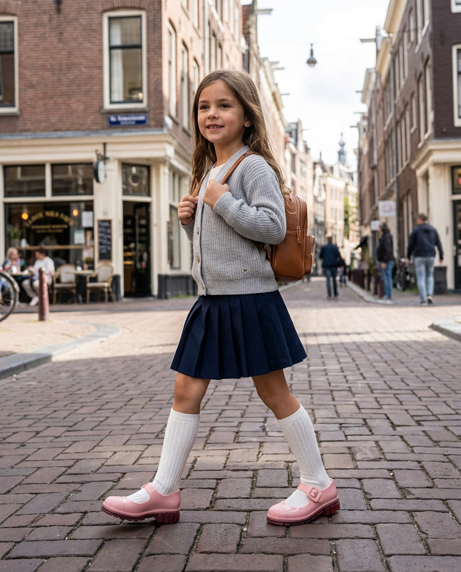 Pileli etek ve beyaz çorap kombiniyle yürüyen 7 yaşındaki kız çocuğunun ayağında zarif Mini Melissa pembe Mary Jane ayakkabı