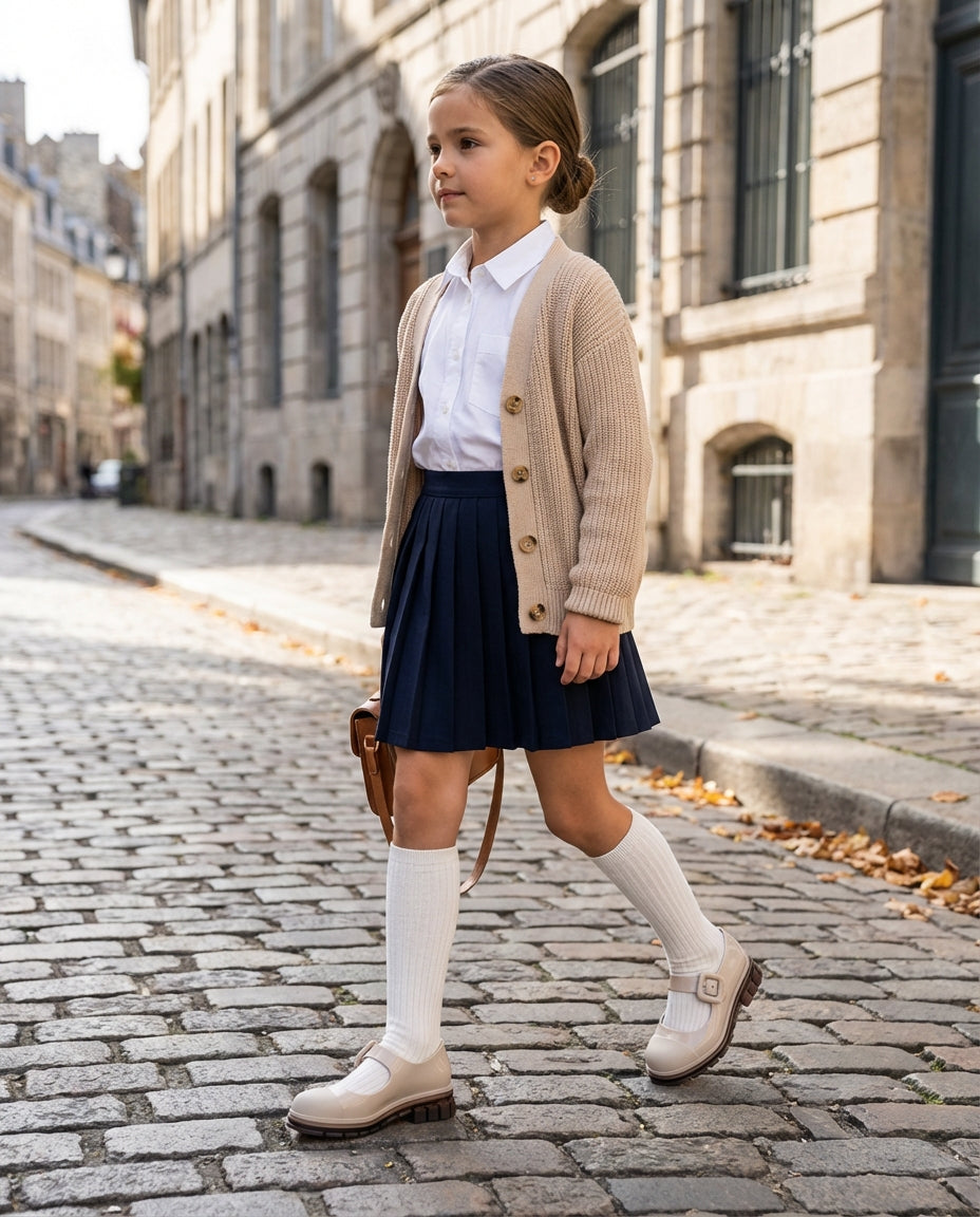 Pileli etek ve diz altı çorap kombiniyle yürüyen 7 yaşındaki kız çocuğunun ayağında okul stili Mini Melissa bej ayakkabı