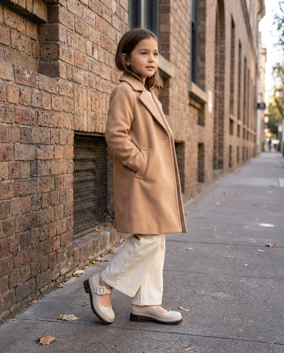 Krem pantolon ve trençkot kombiniyle şehirde duran 8 yaşındaki havalı kızın ayağında zarif Mini Melissa bej ayakkabı