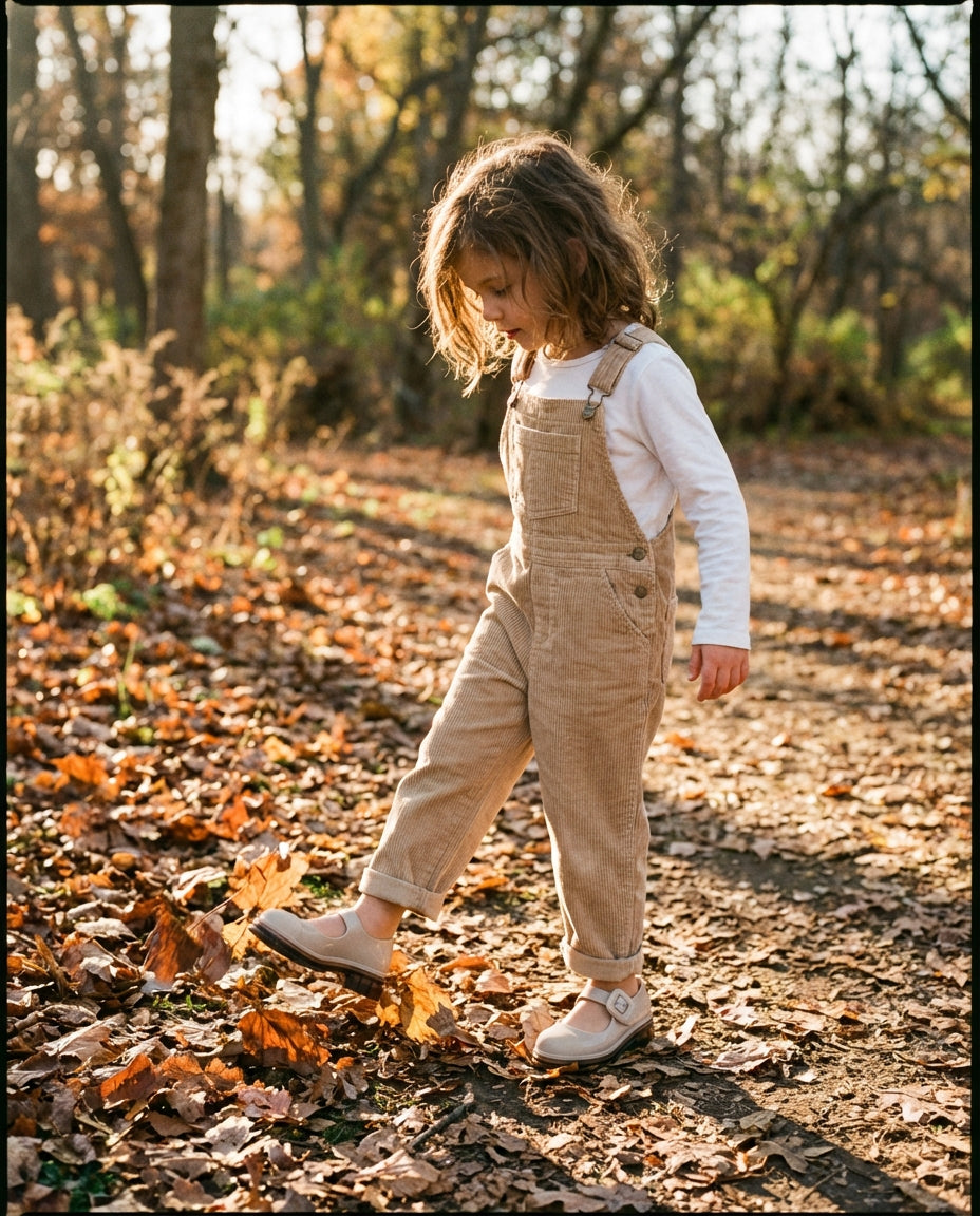 Kadife salopetle parkta adım atan 6 yaşındaki kız çocuğunun ayağında orantılı ve rahat Mini Melissa bej kalın tabanlı ayakkabı