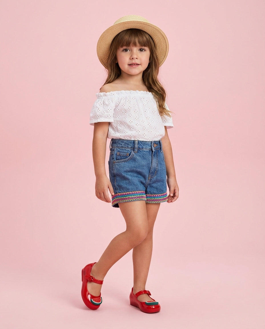 Şık bir kız çocuğu kombininde Mini Melissa Sweet Love picnic kırmızı karpuz detaylı rahat ayakkabı.